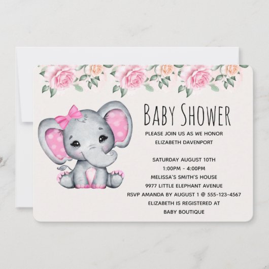 Invitation Eléphant de bébé rose et Baby shower frontalier Ro (Devant)