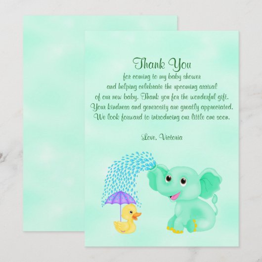Invitation Éléphant de neutre de genre de Merci de baby (Devant / Derrière)