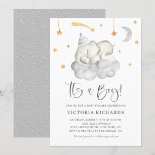 Invitation Eléphant dormant C'est un Baby shower gris garçon
