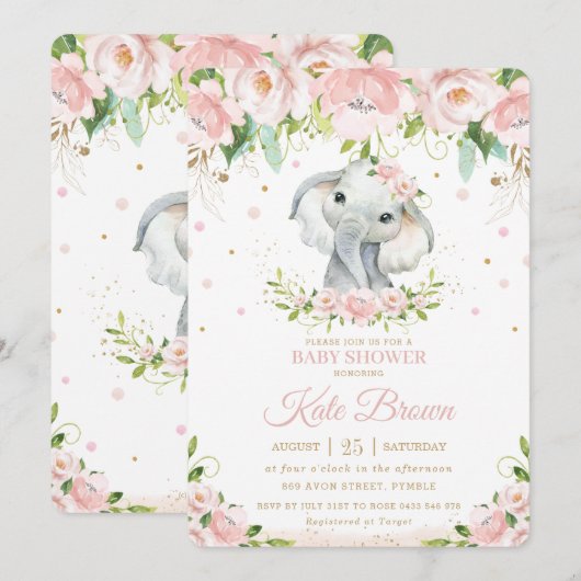 Invitation Eléphant doux Blush rose Baby shower Floral Or (Devant / Derrière)