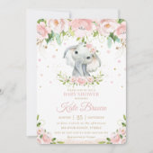 Invitation Eléphant doux Blush rose Baby shower Floral Or (Devant)