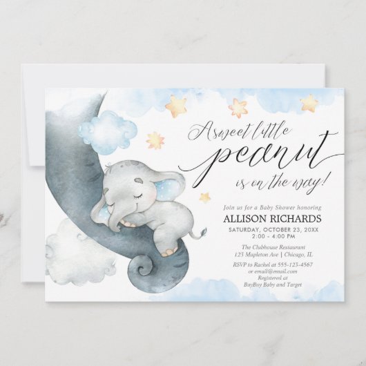 Invitation Eléphant doux petit cacahuète mignon garçon baby s (Devant)