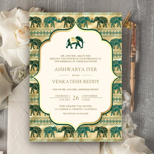 Invitation Eléphant émeraude de crème tout en un Mariage indi