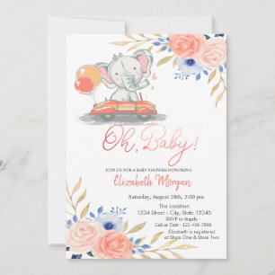Invitation Elephant En Voiture, Ballons Baby shower Floral