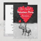 Invitation Elephant et coeur sur damask valentines fête (Devant / Derrière)