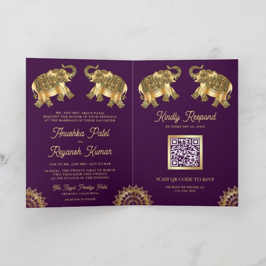Invitation Eléphant ethnique d'or violet Indien Code QR Maria (Intérieur)