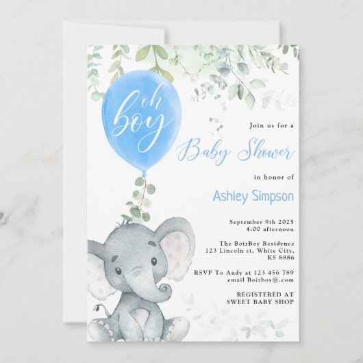 Invitation Eléphant eucalyptus ballon Oh garçon baby shower (Devant)