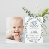 Invitation Elephant Eucalyptus Green Boy Photo Anniversaire (Debout devant)