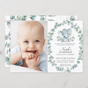 Invitation Elephant Eucalyptus Green Boy Photo Anniversaire