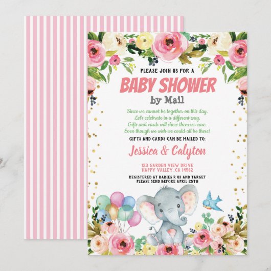Invitation Eléphant fille baby shower par mail rose rose rose (Devant / Derrière)