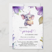 Invitation Eléphant, Fleur d'aquarelle violette, premier anni (Devant)
