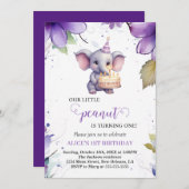 Invitation Eléphant, Fleur d'aquarelle violette, premier anni (Devant / Derrière)