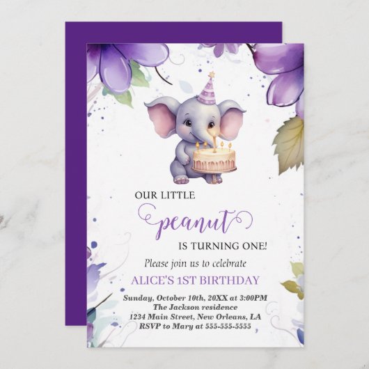 Invitation Eléphant, Fleur d'aquarelle violette, premier anni (Devant / Derrière)