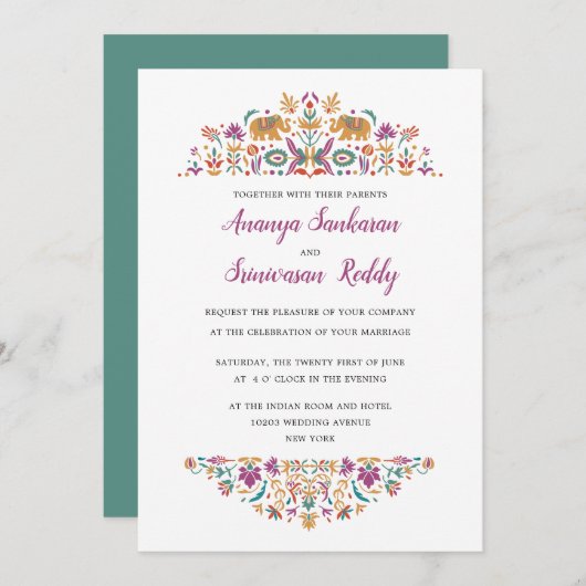 Invitation Eléphant Fleur Indien Jade Mariage vert (Devant / Derrière)
