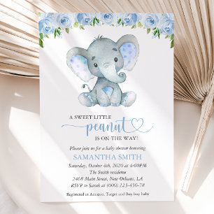 Invitation Éléphant, Fleurs Aquarelle Bleue, Baby Shower