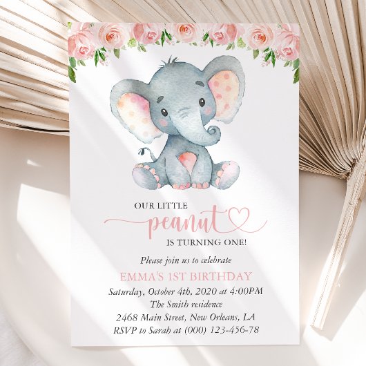 Invitation Eléphant, Fleurs Aquarelles Roses, Premier Anniver