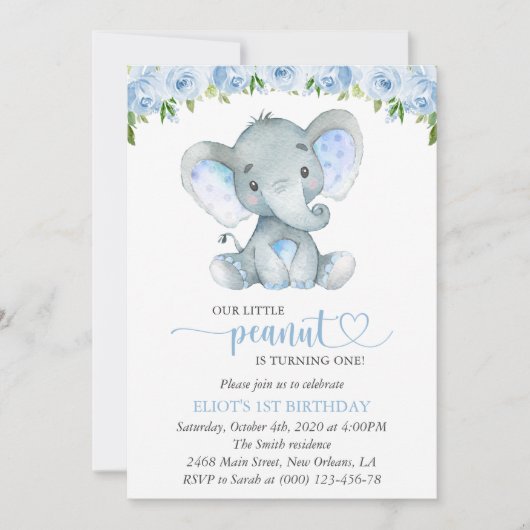 Invitation Eléphant, Fleurs d'aquarelle bleue, premier annive (Devant)