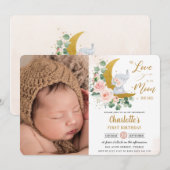 Invitation Eléphant floral blanc chic 1er anniversaire Lune P (Devant / Derrière)