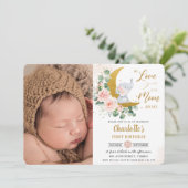 Invitation Eléphant floral blanc chic 1er anniversaire Lune P (Debout devant)