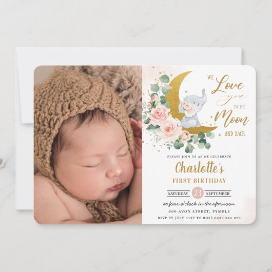 Invitation Eléphant floral blanc chic 1er anniversaire Lune P (Devant)