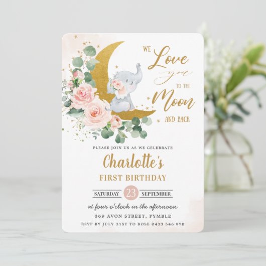 Invitation Eléphant Floral Blush 1er Anniversaire Crescent Mo (Debout devant)