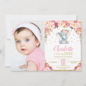 Invitation Eléphant Floral Blush 1er Anniversaire Gold Photo (Devant)