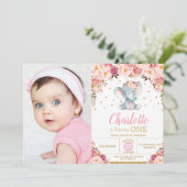Invitation Eléphant Floral Blush 1er Anniversaire Gold Photo (Debout devant)