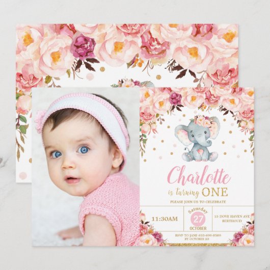 Invitation Eléphant Floral Blush 1er Anniversaire Gold Photo (Devant / Derrière)