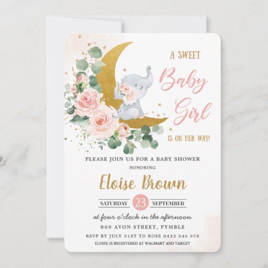 Invitation Eléphant Floral Blush Sweet Baby Girl Douche (Devant)