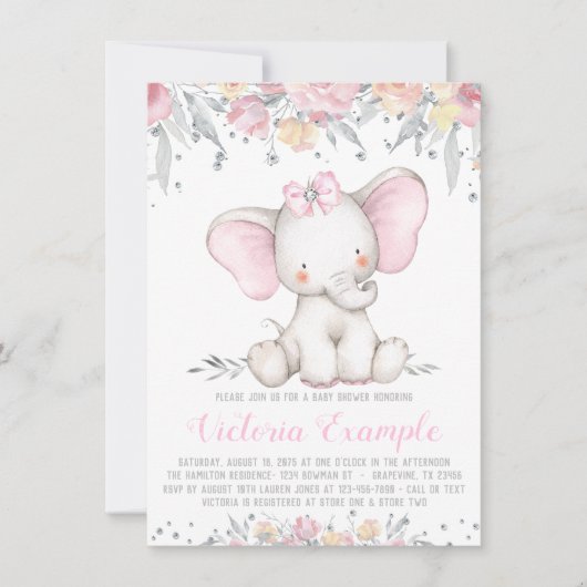 Invitation Eléphant Floral Diamond Girl Baby shower (Devant)