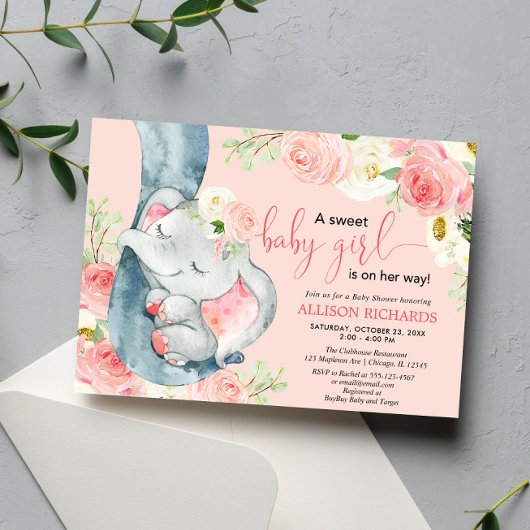 Invitation Eléphant floral doux bébé fille rose pâle crème