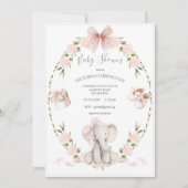 Invitation Elephant Floral Hydrangeas Pink Girl Baby Shower (Devant)