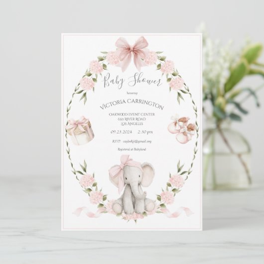 Invitation Elephant Floral Hydrangeas Pink Girl Baby Shower (Debout devant)