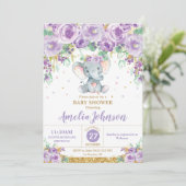 Invitation Eléphant Floral mou Baby shower bébé fille (Debout devant)