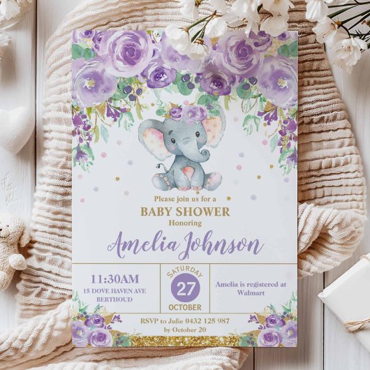 Invitation Eléphant Floral mou Baby shower bébé fille