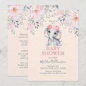 Invitation Eléphant Floral Rose Baby shower fille (Devant / Derrière)