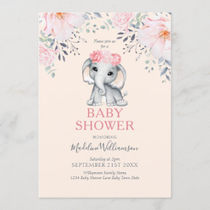 Invitation Eléphant Floral Rose Baby shower fille