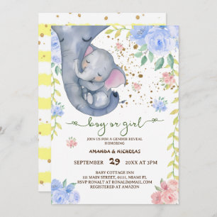Invitation Elephant Floral Rose Bleu Sexe Reveillez Invitatio