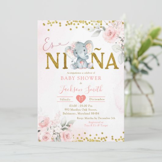 Invitation Eléphant Floral Rose Or Es niñ un Baby shower (Debout devant)