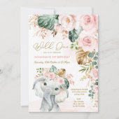 Invitation Eléphant floral rose rose pâle 1er anniversaire (Devant)