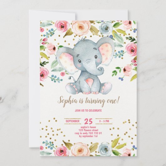 Invitation Eléphant Floral Rustic Girl 1er Anniversaire Blush (Devant)