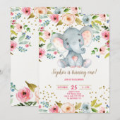 Invitation Eléphant Floral Rustic Girl 1er Anniversaire Blush (Devant / Derrière)