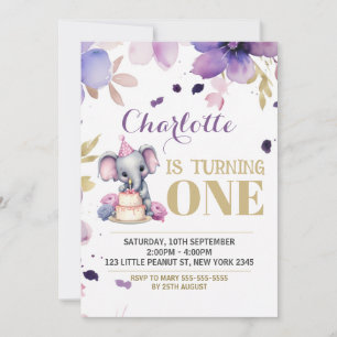 Invitation Eléphant Floral Violet Boho Anniversaire