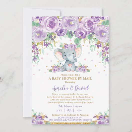 Invitation Eléphant floral violet chic par courrier (Devant)