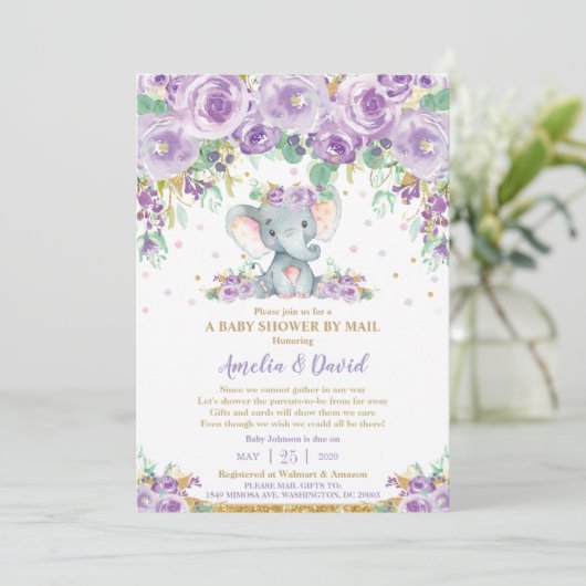 Invitation Eléphant floral violet chic par courrier (Debout devant)