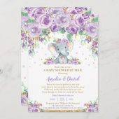 Invitation Eléphant floral violet chic par courrier (Devant / Derrière)
