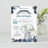 Invitation Elephant Garçon Aquarelle Floral Marine Bleu Bébé  (Debout devant)