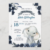 Invitation Elephant Garçon Aquarelle Floral Marine Bleu Bébé  (Devant / Derrière)
