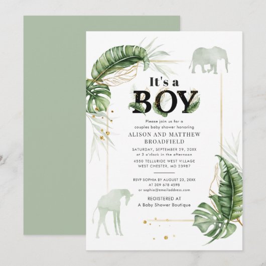 Invitation Elephant Giraffe Couples Baby shower Jungle Safari (Devant / Derrière)