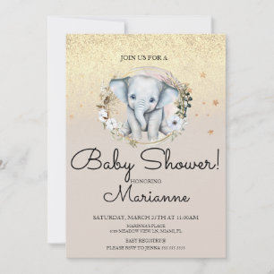 Invitation Elephant Girl Baby shower Faux Gold Parties scinti